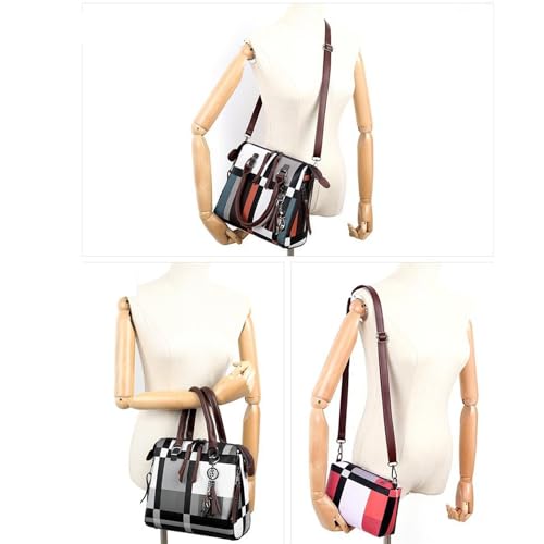 JZ - Bolso tote para mujer, set de 4 piezas, bolso de hombro, bolso bandolera y bolso satchel con estampado a cuadros y cremallera miniatura 6