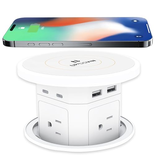 ANCIENTPWR Pop Up Outlet with Wireless Charging 9-in-1 Built-in Countertop Power Hub Gas-Lift Design 4-1/8 Cutout 2500W for Kitchen Office & Conference Table