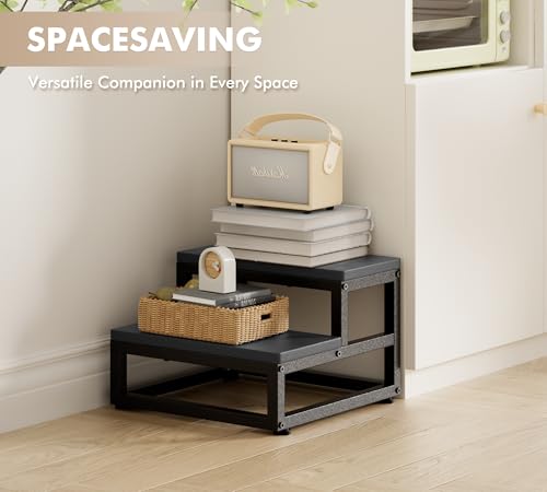 Holz Tritthocker 2 Stufen für Erwachsene Kinder, Anti-Rutsch Holztritt mit 500lbs Tragkraft, Wasserfest Verstellbare Füße & Abgerundete Ecken, Fußbank für Küche/Bad/Schlafzimmer