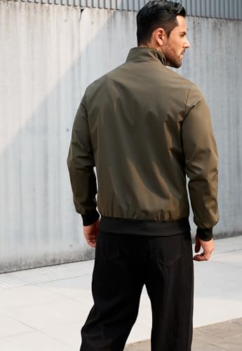 Image of QTE Army green Jacket for Men Fashion Windproof Bomber Jackets Coat Lightweight Casual Spring Fall Stand Collar Windbreaker Zip Up with Pocket