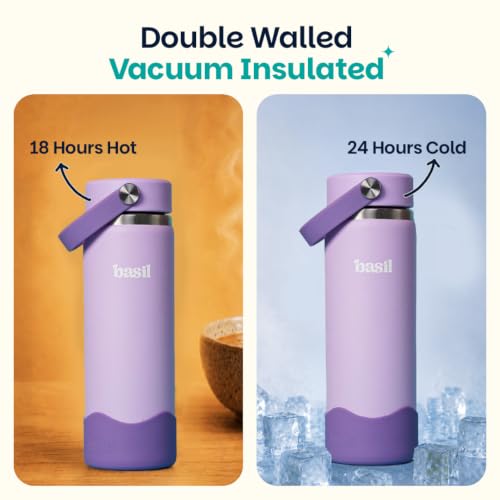 Image of Basil HydraRush Stainless Steel Insulated Kids Water Bottle for School, 600ml Leakproof Bottle with Carry Handle, Double Wall Vacuum Thermosteel Bottle for Sports, Travel & Outdoor Use | Classic Lilac