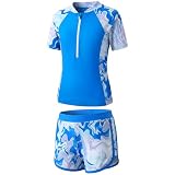 Baogaier Niñas Traje de Baño 2 Piezas Manga Corta Protección Solar, Secado Rápido Estampado Top con Cremallera y Shorts, Elástico Rash Guard Playa Piscina Bañador Ropa para 9-10 Años, Azul