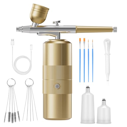 Airbrush Kit with Compressor Portable Airbrush Kit 48PSI High-Pressure Non-Clogging Air Brush Set Cordless Rechargeable with 0.3mm Nozzle and Cleaning Brush for Painting,Nail Art, Makeup (Gold)