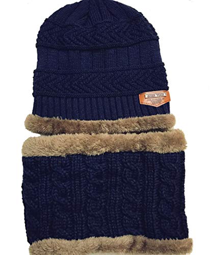 Kids Knitted Hat and Scarf Set, Winter Fleece Lining Wool Beanie Hat Neck Warmers (Navy)