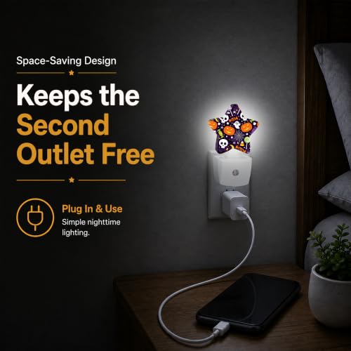 Image of Halloween Skull Star Night Light Plug in, Decorative Night Light for Kids Room Nursery Bedroom, Soft Glow Sensor Lamp for Hallway Bathroom, Compact Energy Saving