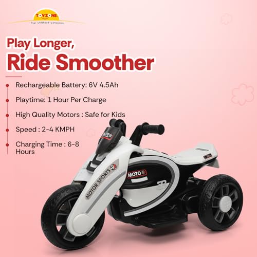 Image of Toyzone Moto Electric Bike (White) | 6V Rechargeable Bike with 4.5Ah Battery | LED Lights, Built in Music | Smooth Acceleration | 6M Battery Warranty | Age 2-8 Years, Upto 35 kg