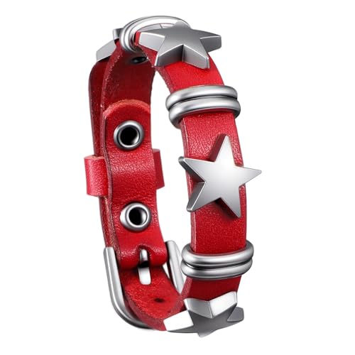 BOHUIZ Punk Leather Bracelets, Rock Alloy Star Studded Bracelet Belt, Vintage Leather Cuff Wristband with Belt Buckle Gothic Rock Bracelets Black Cuff Wristband for Women and Men(Red)