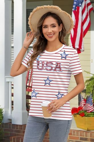 Image of Ithalt Women 4th of July Shirt Fourth of July Shirts USA Sequin Tshirt American Patriotic T-Shirt Stripes Tee Tops
