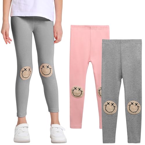SPFASZEIV Leggings para Niñas, Pantalones para Niños Pequeños con Patrón de Cara Sonriente, Pantalones Largos para Niños, Paquete de 2, 5-6 Años Rosa+Gris