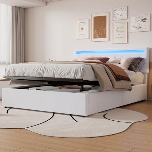 KEYIDE Polsterbett 160x200 mit LED und USB, Boxspringbett mit hydraulisches Bettkasten, Bett mit Lattenrost, Großer Stauraum, Doppelbett Jugendbett...