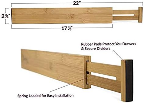 Bamboo Wooden Drawer Divider, Set of 4 | Adjustable Organizers & Dividers | Eco Friendly | Expandable & Spring Loaded | Works in Kitchen, Dresser, Bathroom, Bedroom, Desk, Baby