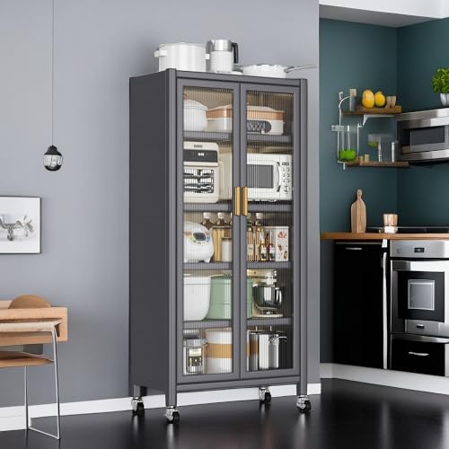 Grey Floor-to-Ceiling Kitchen Storage Cabinet, Open-Door Microwave Shelf with Wheels,