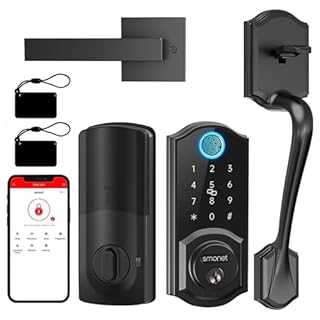Smart Lock Front Door, SMONET Keyless Entry Door Lock with Handle, Smart Front Door Lock Set Fingerprint Smart Deadbolt Bluetooth Electronic Digital Keypad Lock, Auto Lock Work with Alexa, Black