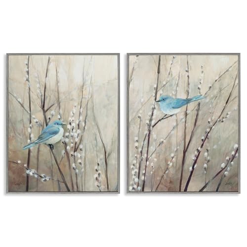 'Peaceful Perched Blue Birds'| 2pc Framed Giclee Art Set 2