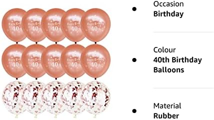 DOJoykey 40th Happy Birthday Balloon Packs, 12 inch 10pcs Rose Gold Latex Balloons and 5pcs Confetti Balloons for 40th Birthday Party Decoration