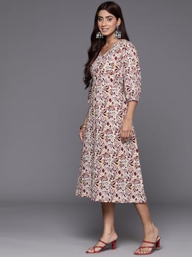 Image of Varanga Women Maroon Floral Printed Midi Dress