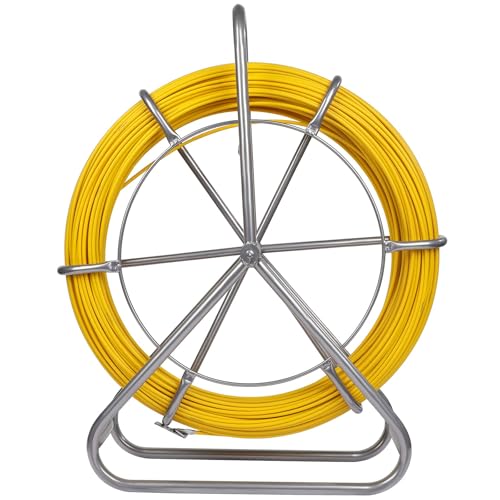 Olenyer Fiberglass Fish Tape 656FT x 1/4 inch with Steel Wheel Stand Non-Conductive Duct Rodder for Cable Pulling Through Wall Floor & Electrical Conduit