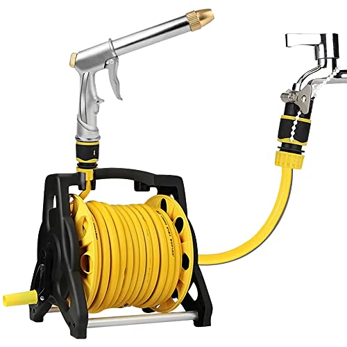 Garden Hose Reel Kit Hose Reel Set Water Hose Holder Flexible Metal Hose Holder with 35M Pipe Spray Nozzle 3-Layer Leak-proof Washer Hose Storage Cart Hose Stand for Garden Water Car Wash