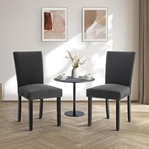 CABIHOME Set of 2 Upholstered Parsons Dining Chairs, Flax Kitchen Chairs with Nailhead Trim & Wood Legs, 300LBS Padded Flax Accent Chairs for Dining Room, Living Room, Dark Grey