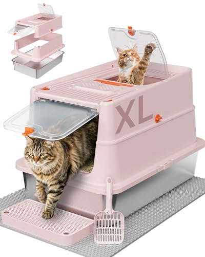 Stainless Steel Litter Box with Flip Lid XL Extra Large Cat Litter Box with High Sided Top Entry Design Anti-Leakage Enclosed Metal Litterbox for Big Cats with Handle Mat Pedal & Scoop Pink