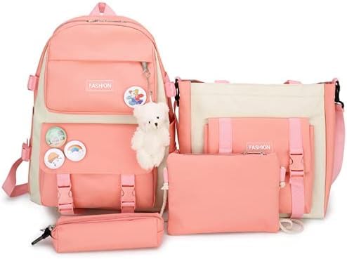 4Pcs Backpacks Combo Set with Bear Pendant for Teenage Students - Canvas Laptop School Bag Sets for Kids with Tote Pencil Case, Lunch Box Bag, Back To School Supplies Daypack Kit