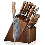 SENKEN 16-Piece Damascus Knife block Set - The Dynasty Collection - Japanese VG10 Damascus Steel with Natural Sycamore Wood Handles, Steak Knives, Scissors, & Sharpening Rod (16-Piece Knife Block Set)