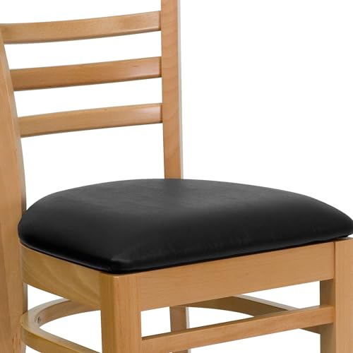 Image of Flash Furniture HERCULES Series Ladder Back Natural Wood Restaurant Chair - Black Vinyl Seat