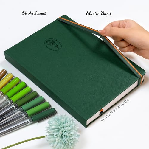 Image of NEORAH - B5 - ART JOURNAL | 200Gsm Dotgrid Notebook |160 Pages(25.0 x 17.5 cm) | Lay Flat |HardCover Bullet - Journal |3 Bookmarks |Elastic Closure| Inner BackPocket | Ideal-Bujo,Drawing (DARK GREEN)