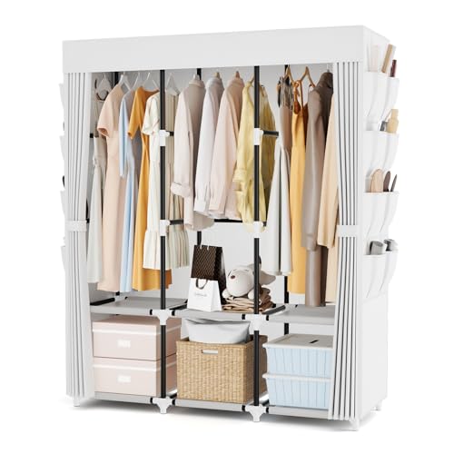 Image of Wardrobe Closet Portable Closets for Hanging Clothes Large Capacity Clothes Rack with Cover, 3 Hanging Rods, 6 Shelves and 8 Pockets, Strong and Stable Free Standing Closet for Bedroom, White