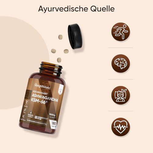 Ashwagandha KSM-66-1500 mg Ashwagandha Extrakt täglich - 5% Withanolide - 6 Monate Vorrat mit 180 vegane Tabletten - 1 Tablette täglich - Indischer Ginseng - Withania Somnifera von WeightWorld