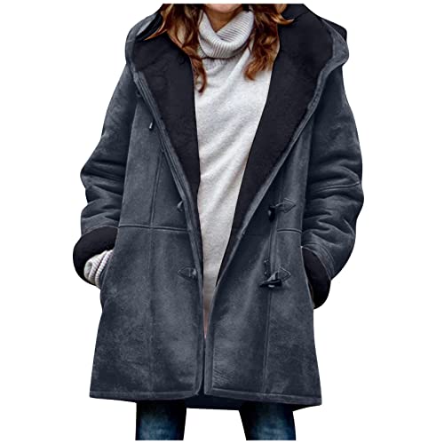 Image of Plus Size Winter Coats for Women 2024 Warm Sherpa Fleece Lined Distressed Jackets Hooded Parka Faux Suede Pea Coat Outerwear, winter coats for women ropa de invierno para mujer, Navy L