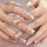 Coolnail French Press on Nails Medium Transparent Glitter Elegant Glitter Deco Fake Nails Daily Office Salon Manicure Reusable Acrylic False Nail Art Tips
