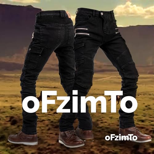 oFzimTo Motorrad-Jeanshose Für Herren, Sturzfeste Jeans Mit Geradem Bein Und 4 Arten Von Schutzausrüstung, Motorradhose Für Motorradrennfahrer (Black,M)