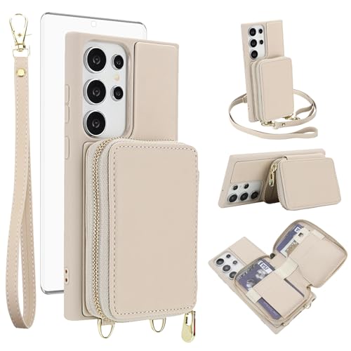 Étui portefeuille Samsung S22 Ultra anti-rayures et anti-piratage RFID avec vitre beige
