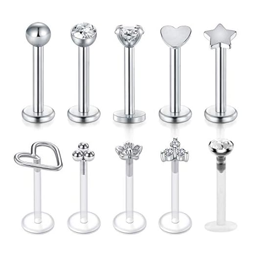 MODRSA 16G Forward Helix Earring Cartilage Tragus Earrings Stud 8mm Stainless Steel & Clear Flexible Lip Rings Labret Studs Monroe Piercing Jewelry