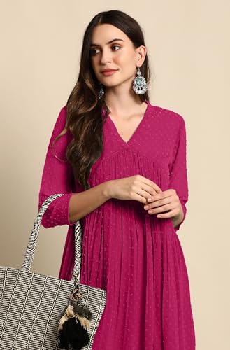 Image of Janasya Women's Dobby Chiffon Self Design Flared Kurta