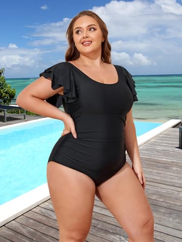 Smismivo Plus Size one Piece Swimsuit for Women Cap Sleeve Bathing Suit Retro Tummy Control Slimming Ruffle Swimwear3