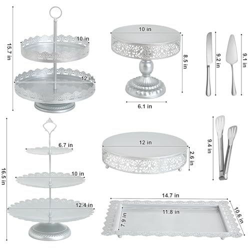 Aofure 11 Pcs Silver Metal Cake Stand Set, Dessert Table Display Set for Party, Cupcake Stand and Candy Table Display Sets for Wedding, Birthday Celebration by Aofure - Image 3