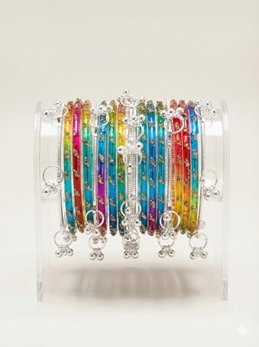 Image of MM Jewls Multicolor Glass Bangles Set Size with Silver Ghungroo Charms | Designer Ethnic Indian Chudi for Women | Party, Festive & Wedding(Pack of 18)