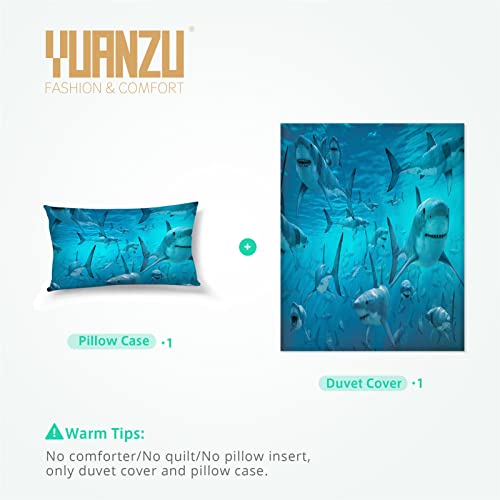 YUANZU Shark Duvet Cover Set Single for Kids Boys Teens Bedding Set 2 Pieces Ocean White Shark Underwater World Printed Soft Microfiber Quilt Cover with Zipper Closure (135x200cm & 1Pillowcase) - Image 4