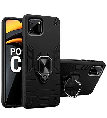 Image of Pikkme D5 Tough Armor Bumper Back Cover Case for Poco C3 |Ring Holder & Kickstand in-Built (Black)
