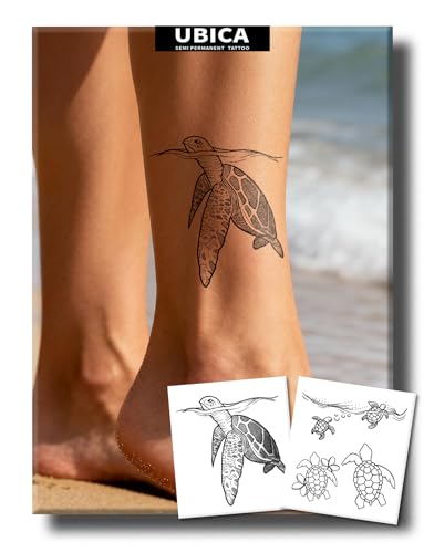 UBICA Semi Permanent Tattoo, 2 Sheets Realistic Sea Turtle Temporary Tattoo for Men and Women, Ocean Beach Theme Small Tattoos for Vacation Party, Lasts 1-2 Weeks, Waterproof & Non-Reflective