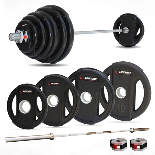 Image of Leeway Olympic Weight Lifting 50kg Set | 7ft Chrome Barbell + 51mm Rubber Coated I Plates | Heavy Duty Home Gym & Commercial Fitness Equipment | (Black, 50kg Set (2.5kgX2 + 5kgX2 + 7.5kgX2 + 10kgX2))