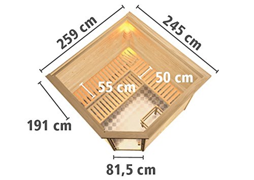 Woodfeeling 38 mm Massiv Sauna Donan mit Dachkranz (Eckeinstieg)- für niedrige Räume-5