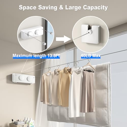 Image of MUSTORN Retractable Clothesline Indoor, Non-Sagging Twin Clothes Line Retracting Outdoor Heavy Duty Clothes Drying Laundry Line Wall Mounted Stainless Steel Double Line-13.8 ft(White)