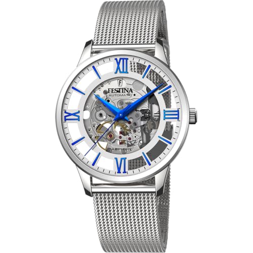 Festina Montre Homme Automatique en Acier Inoxydable 316L Argenté Montre Analogique Homme - Verre Saphir Haute Résistance - Étanche 5 ATM F20534/1