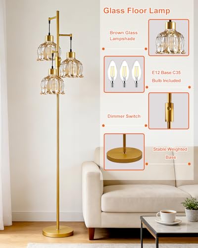Image of Lightdot 3-Light Lotus Floor Lamp 65'' Dimmable with Brown Glass Shade & E12 Bulbs Included, Mid Century Tall Flower Lamp with 5Lbs Heavy Base for Living Room /Bedroom /Sofa Beside /Corner Decor - Gold