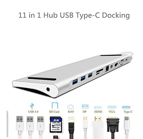 Neutral products Tipo-C 3.1 Estación de Acoplamiento de Aluminio multifunción 11 en 1 Hub para MacBook Pro 2016 HUB a HDMI/VGA/Mini DP/SD/TF / RJ45 / USB 3.0 / USB-C convertidor de la Mujer (Silver)
