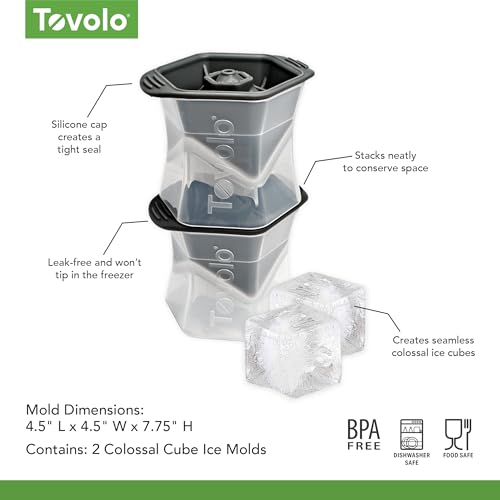 Image of Tovolo Large Square Ice Cube Mold Colossal 2 Inch Cubes Pack of 2, Huge Ice Cube Mold Block for Whiskey Cocktails Bourbon, Silicone BPA Free Dishwasher Safe Giant XL Ice Cube Molds