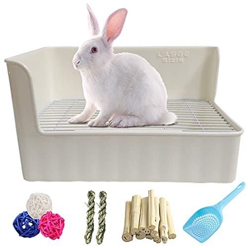 Tfwadmx Rabbit Litter Box Toilet Bunny Corner Litter Pan Pet Toilet Potty Trainer with Scoop Rabbit Chew Toys for Guinea Pigs Galesaur Chinchilla Ferret Small Animal (White)